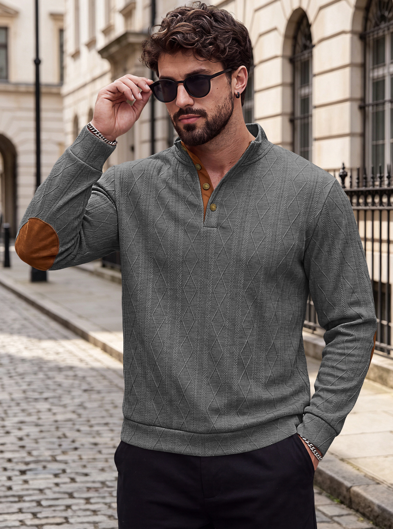 Men's Clothing Tops Sweatshirts Men's American-Style Pullover Sweater Autumn Winter Diamond Jacquard Top with Elbow Pads Loose-Fitting Long-Sleeved Casual Hoodie