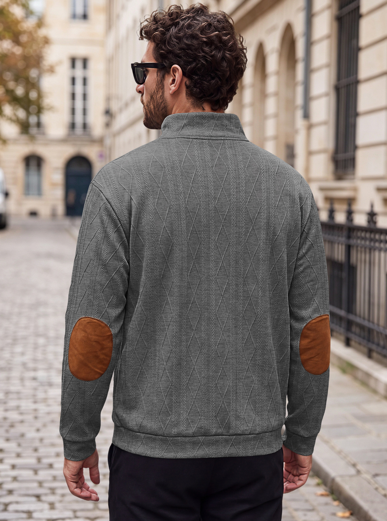 Men's Clothing Tops Sweatshirts Men's American-Style Pullover Sweater Autumn Winter Diamond Jacquard Top with Elbow Pads Loose-Fitting Long-Sleeved Casual Hoodie