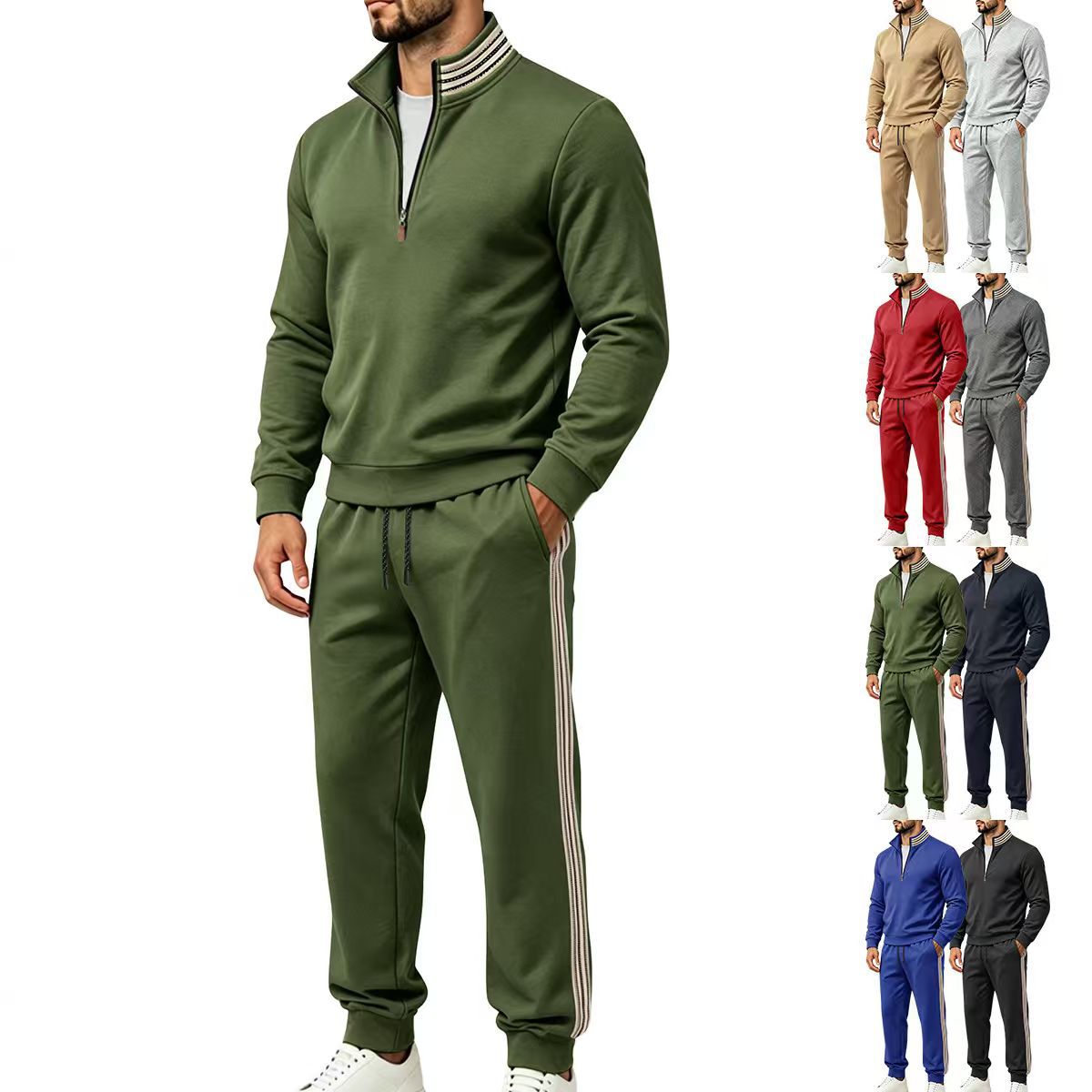 Men's Clothing Sets Two-Piece Outfits Men's Autumn Winter Sweater Pants Two-Piece Set Striped Half-Zipper Stand Collar Casual Sportswear