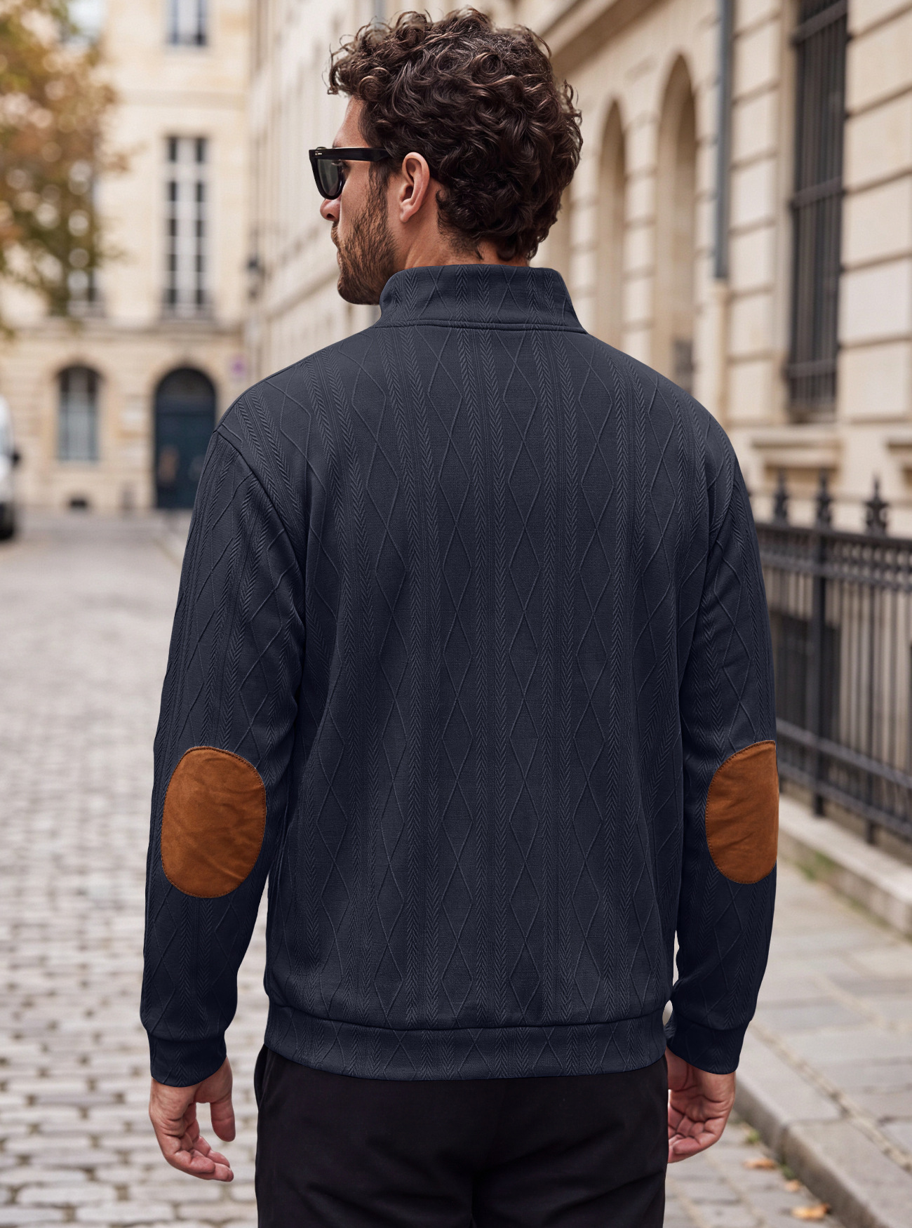 Men's Clothing Tops Sweatshirts Men's American-Style Pullover Sweater Autumn Winter Diamond Jacquard Top with Elbow Pads Loose-Fitting Long-Sleeved Casual Hoodie