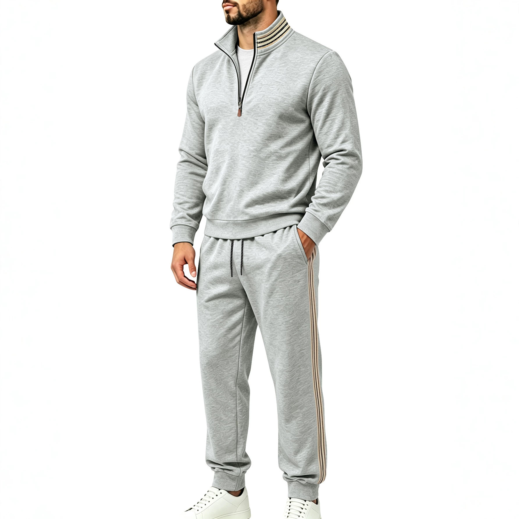 Men's Clothing Sets Two-Piece Outfits Men's Autumn Winter Sweater Pants Two-Piece Set Striped Half-Zipper Stand Collar Casual Sportswear