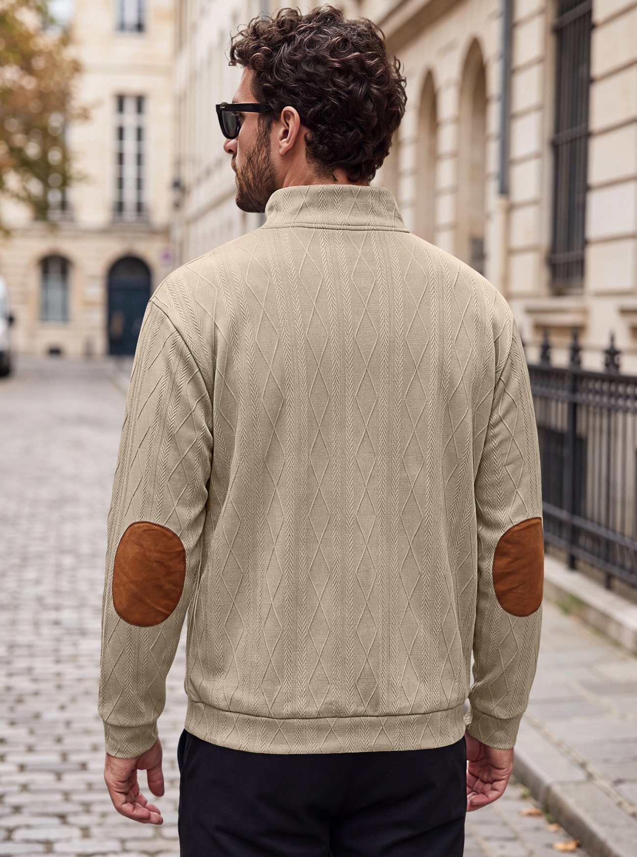 Men's Clothing Tops Sweatshirts Men's American-Style Pullover Sweater Autumn Winter Diamond Jacquard Top with Elbow Pads Loose-Fitting Long-Sleeved Casual Hoodie