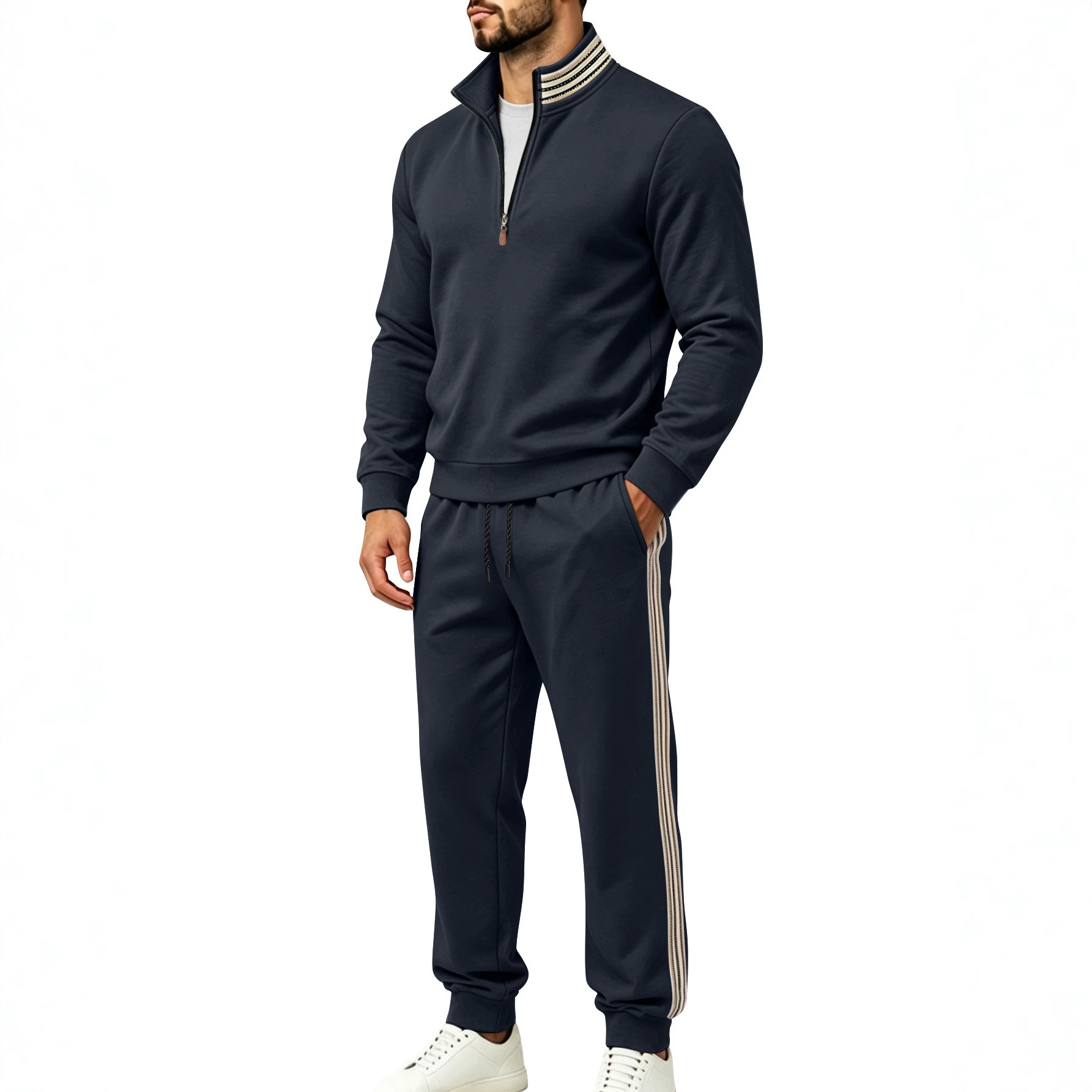 Men's Clothing Sets Two-Piece Outfits Men's Autumn Winter Sweater Pants Two-Piece Set Striped Half-Zipper Stand Collar Casual Sportswear