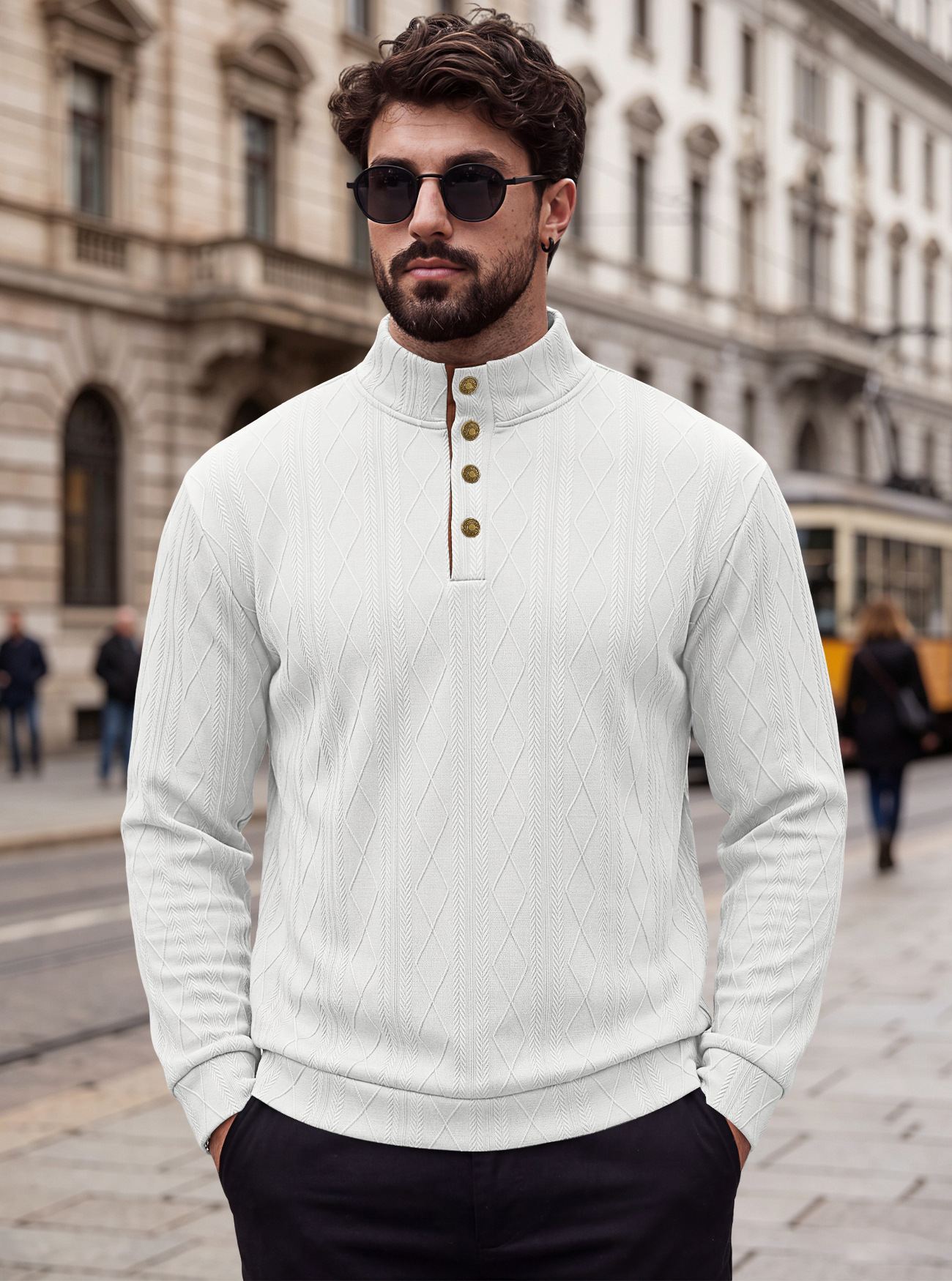 Men's Clothing Tops Sweatshirts Men's American-Style Pullover Sweater Autumn Winter Diamond Jacquard Top with Elbow Pads Loose-Fitting Long-Sleeved Casual Hoodie
