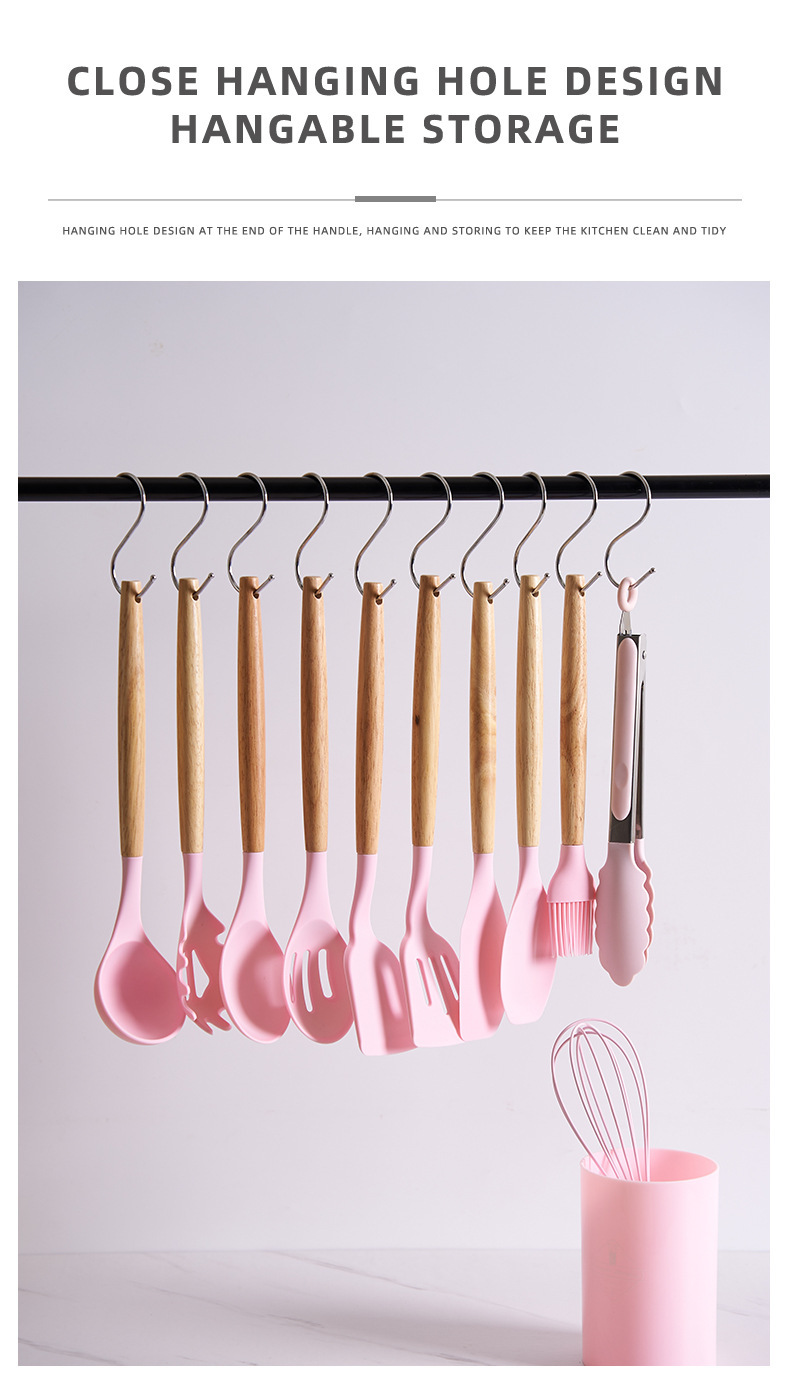 Wooden Handle Silicone Kitchen Utensils Set 12 Pieces Nonstick Cooking Tools Heat Resistant Food Grade BPA Free Dishwasher Safe Spatula Spoon Set for Nonstick Pans Home Baking Smooth Feel Durable Gift