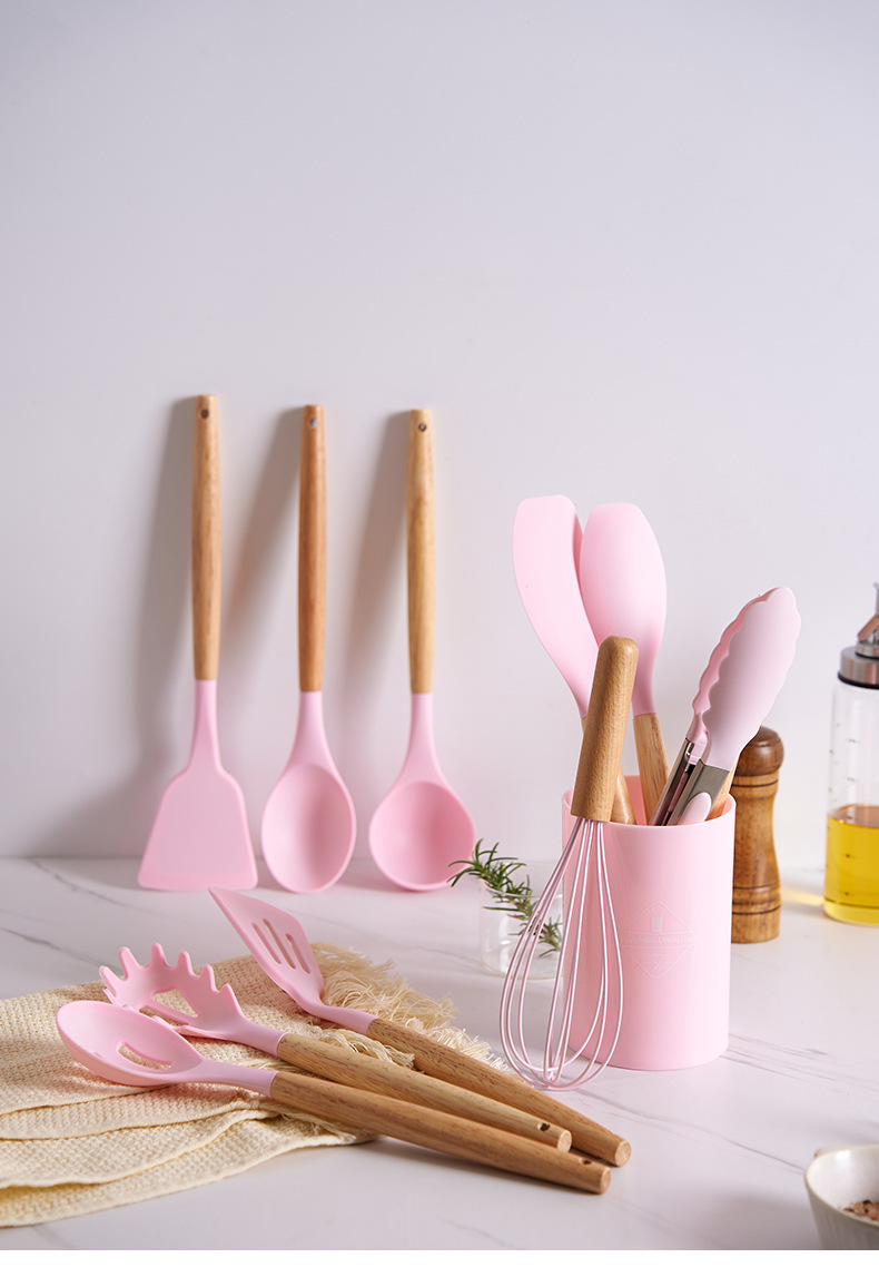 Wooden Handle Silicone Kitchen Utensils Set 12 Pieces Nonstick Cooking Tools Heat Resistant Food Grade BPA Free Dishwasher Safe Spatula Spoon Set for Nonstick Pans Home Baking Smooth Feel Durable Gift