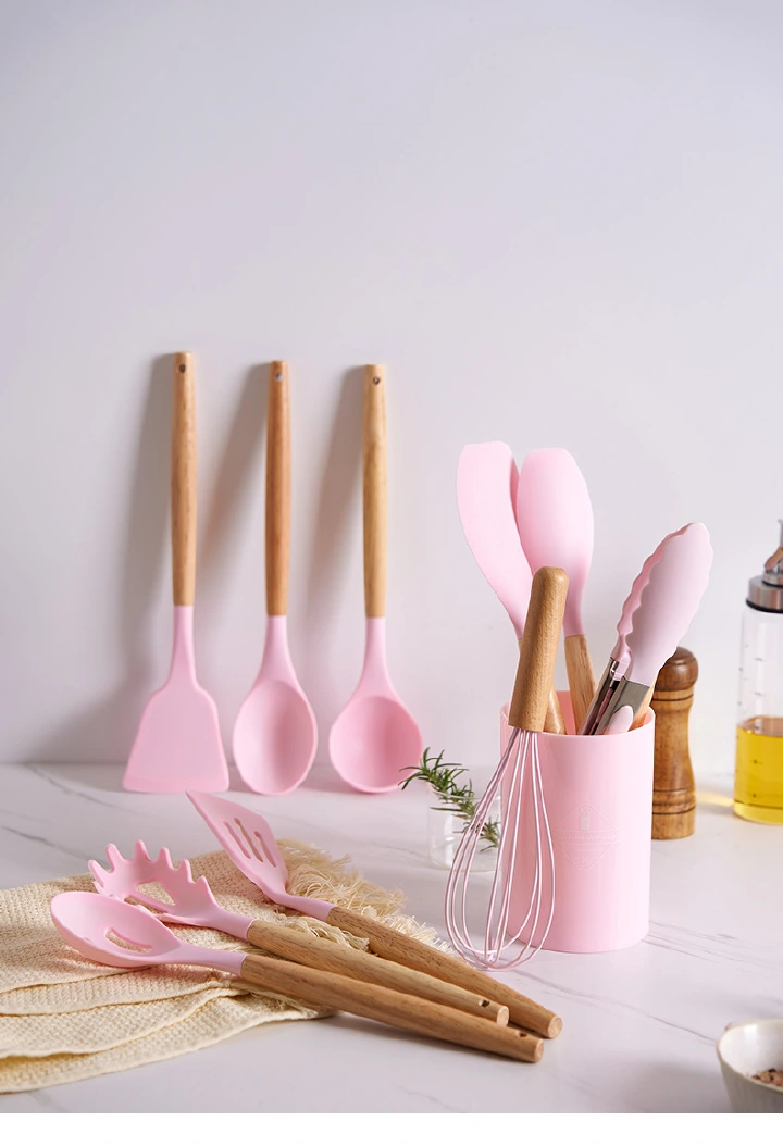 Wooden Handle Silicone Kitchen Utensils Set 12 Pieces Nonstick Cooking Tools Heat Resistant Food Grade BPA Free Dishwasher Safe Spatula Spoon Set for Nonstick Pans Home Baking Smooth Feel Durable Gift