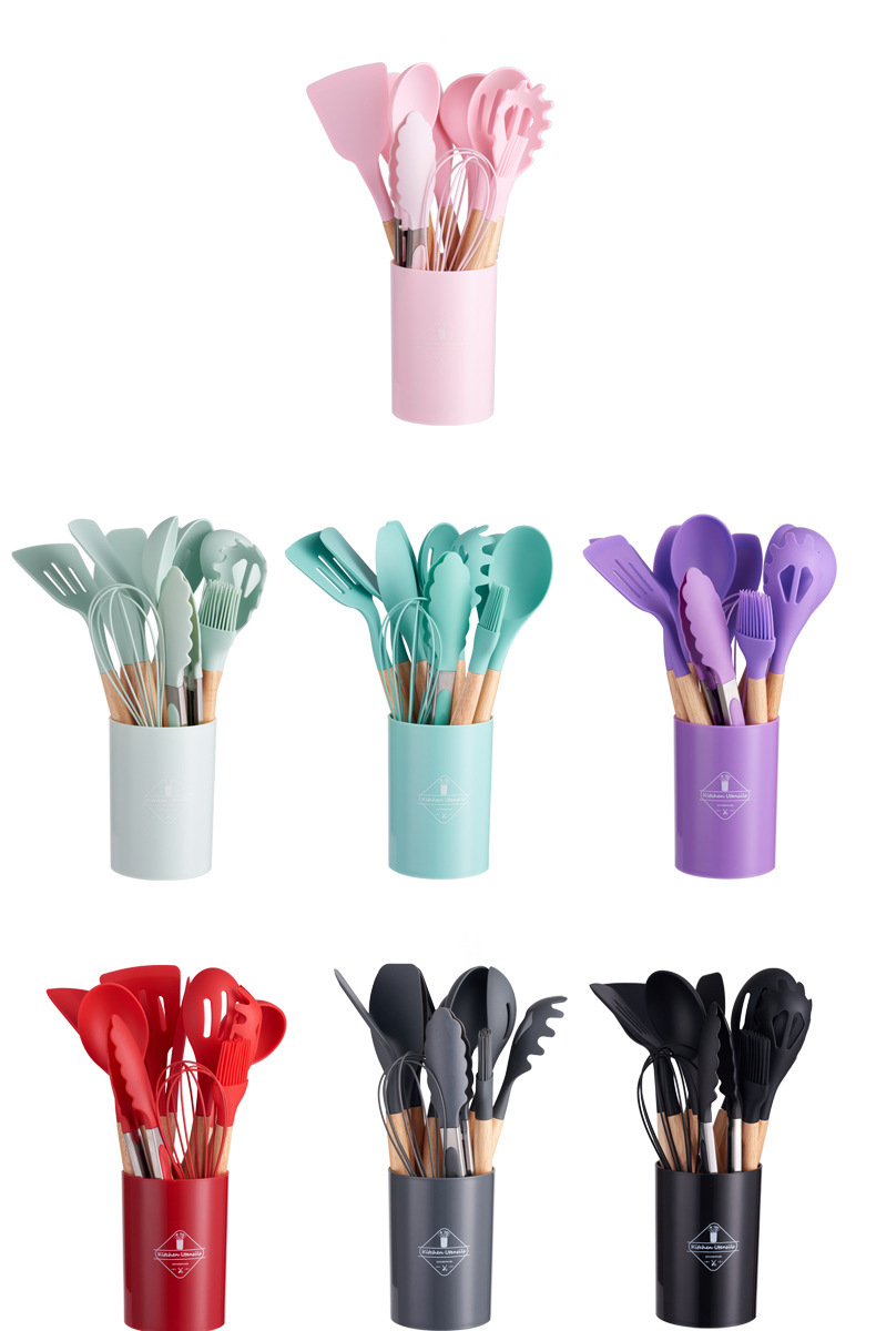 Wooden Handle Silicone Kitchen Utensils Set 12 Pieces Nonstick Cooking Tools Heat Resistant Food Grade BPA Free Dishwasher Safe Spatula Spoon Set for Nonstick Pans Home Baking Smooth Feel Durable Gift
