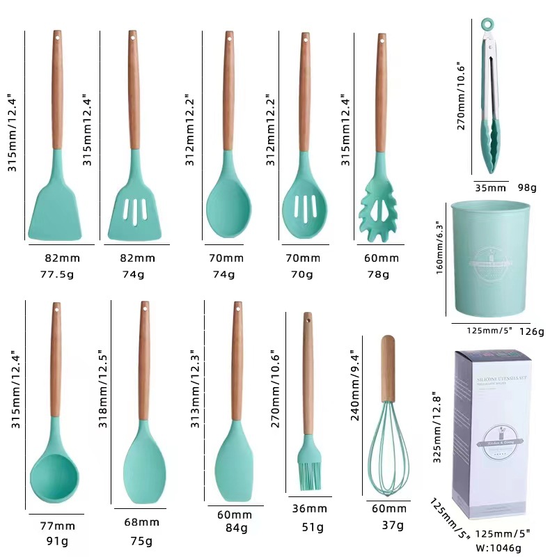 Wooden Handle Silicone Kitchen Utensils Set 12 Pieces Nonstick Cooking Tools Heat Resistant Food Grade BPA Free Dishwasher Safe Spatula Spoon Set for Nonstick Pans Home Baking Smooth Feel Durable Gift