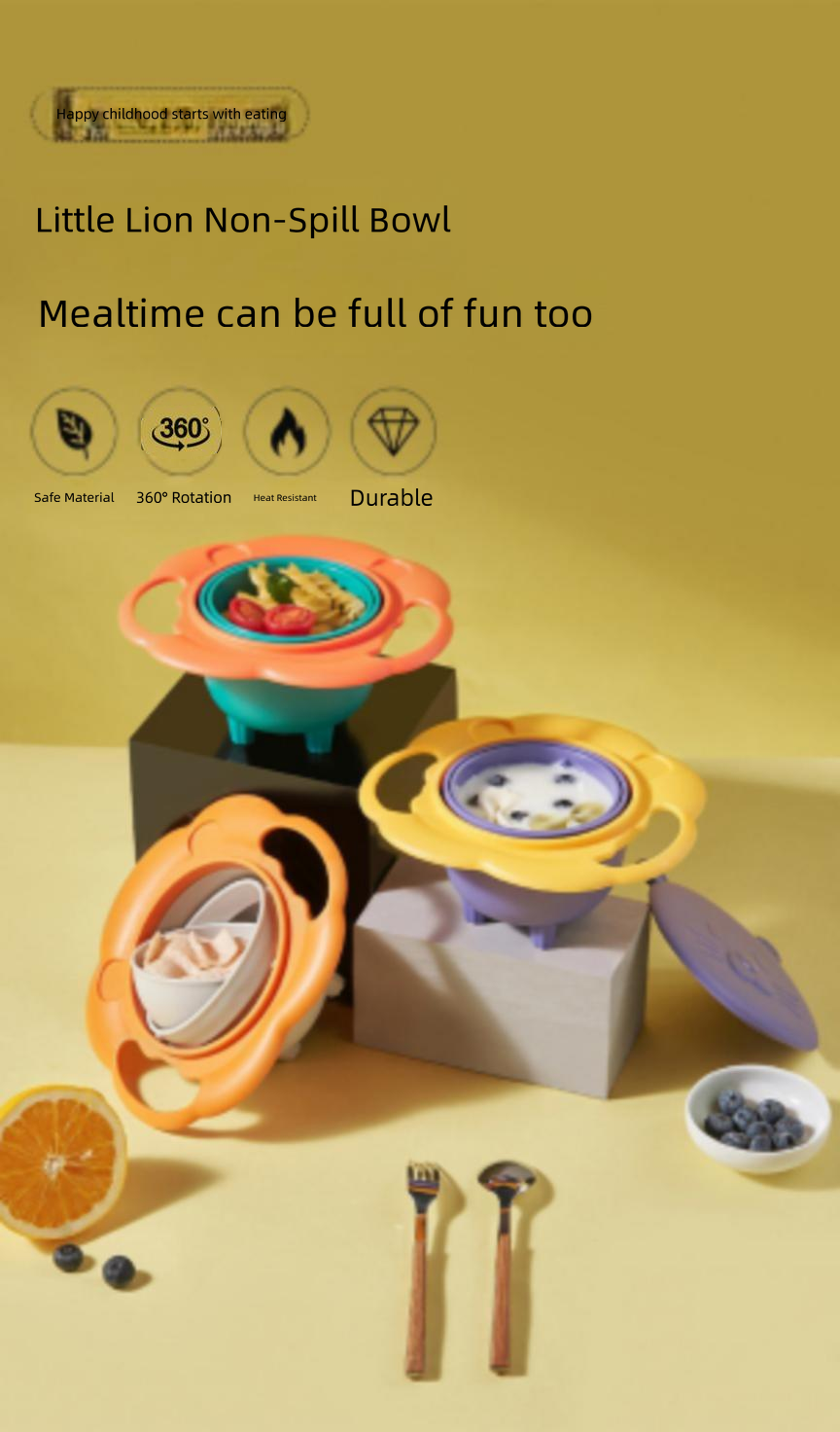 Baby Gyro Bowl 360 Degree Rotation Spill Proof Non-Spill Training Feeding Bowl Food Grade PP BPA Free Detachable Easy Clean Double Handles Anti-Tilt Self-Feeding Weaning Bowl for Toddlers Kids