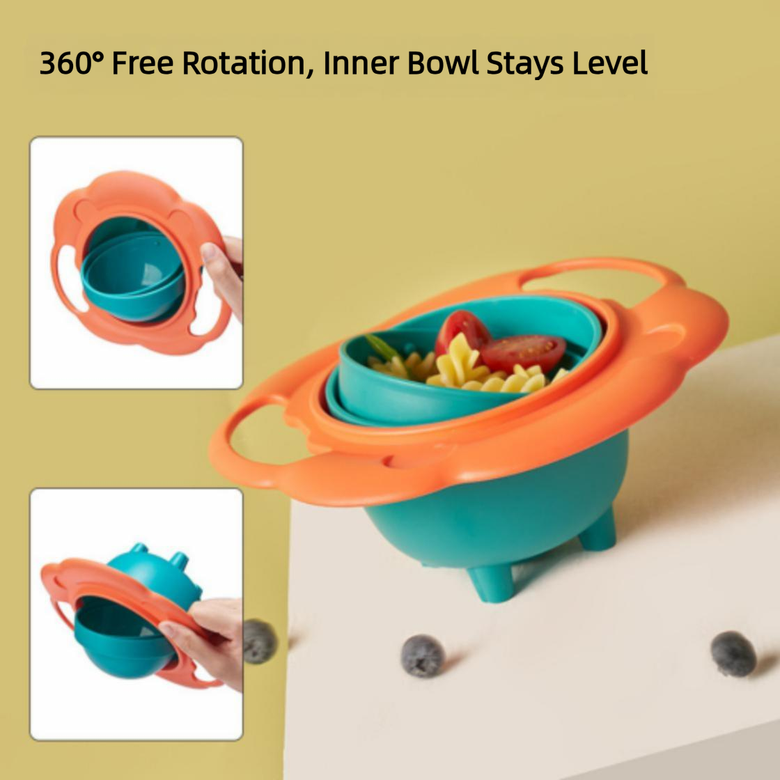 Baby Gyro Bowl 360 Degree Rotation Spill Proof Non-Spill Training Feeding Bowl Food Grade PP BPA Free Detachable Easy Clean Double Handles Anti-Tilt Self-Feeding Weaning Bowl for Toddlers Kids