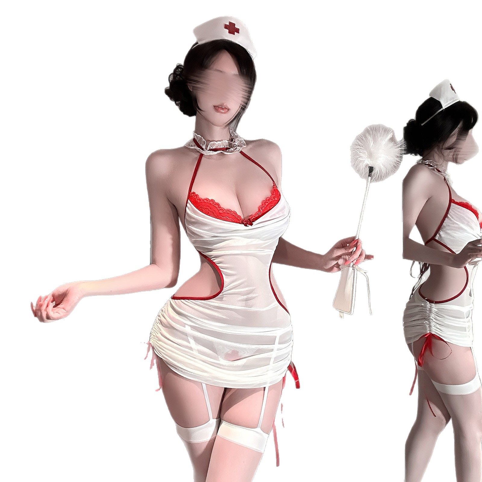 Sexy Nurse Role Play Lingerie Set For Women, Pure Desire Hollow Out Pencil Skirt Uniform Costume, Open Crotch Backless Cosplay Sleepwear Dress,Adjustable Straps Clubwear Nightdress,Dress Nightgown
