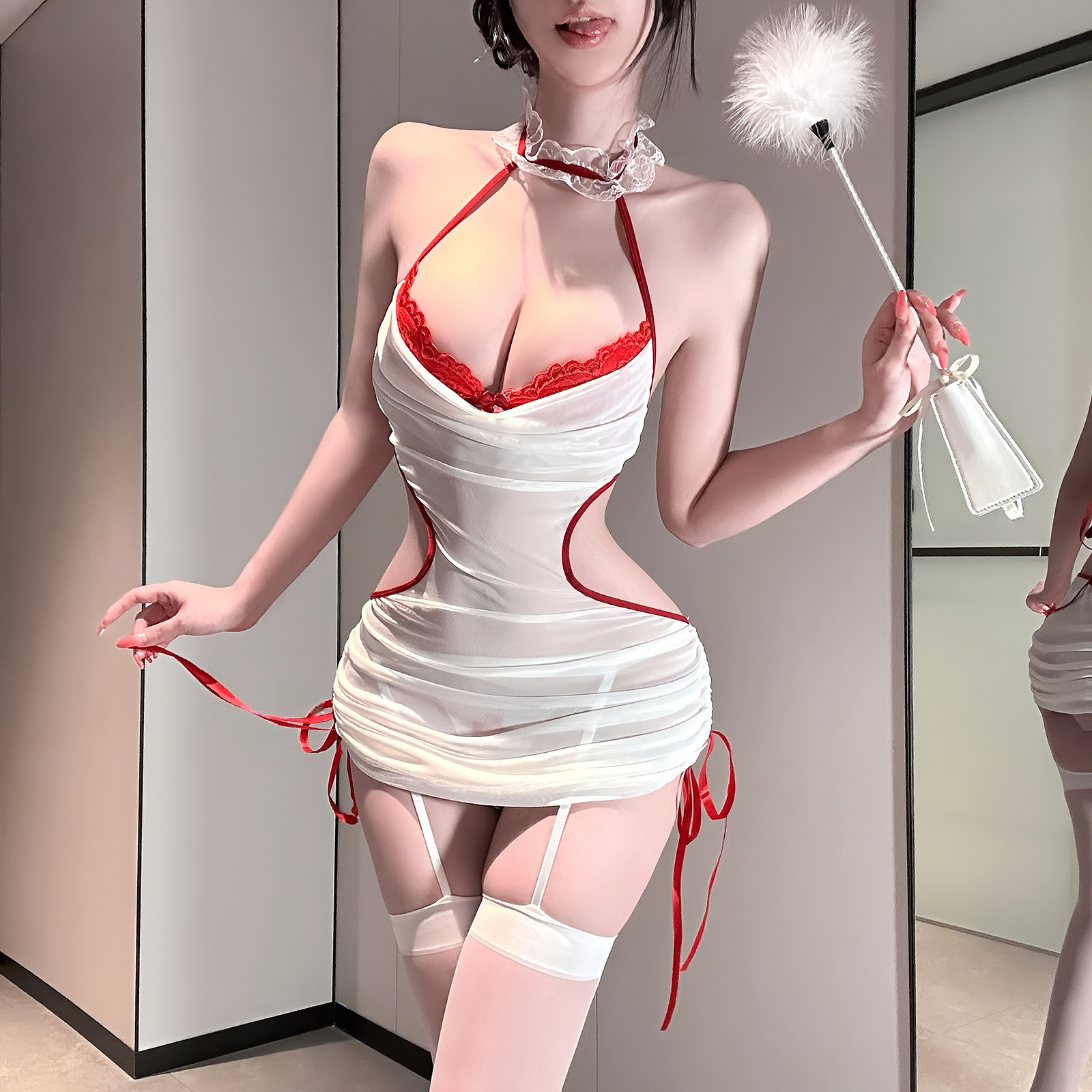 Sexy Nurse Role Play Lingerie Set For Women, Pure Desire Hollow Out Pencil Skirt Uniform Costume, Open Crotch Backless Cosplay Sleepwear Dress,Adjustable Straps Clubwear Nightdress,Dress Nightgown