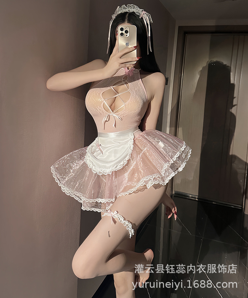 Sexy Lingerie Open Bust Tearable See Through Mesh Maid Costume Set, Sheer Bodysuit With Apron Lace Garter Belt And Choker, Cute Role Play Uniform For Women Lovers Bedroom Date Night Couples Game