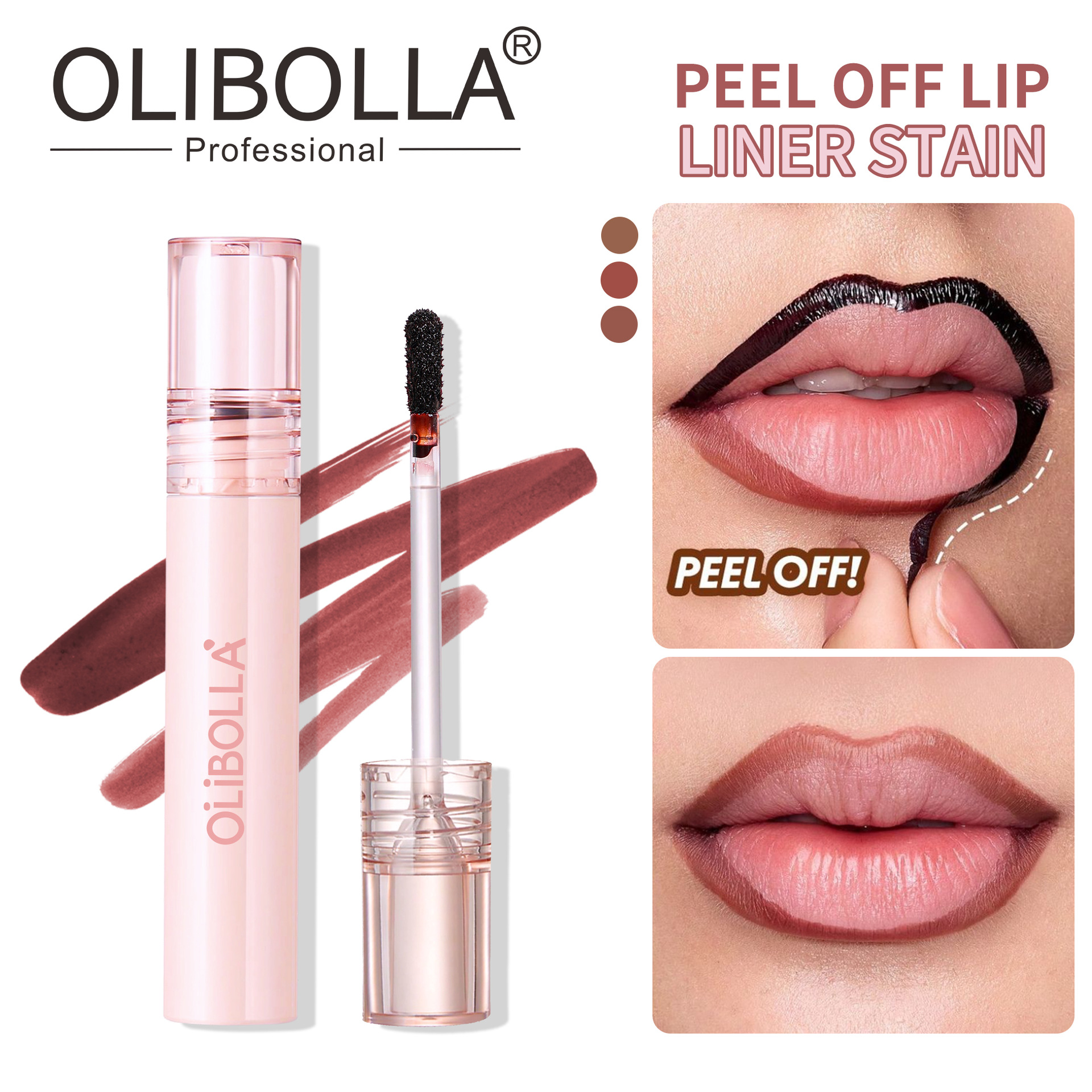 Lip Gloss Peel Off Lip Liner Stain, Matte Long Lasting Up To 8 Hours Waterproof Smudge Proof Non-Stick Cup, 3 Colors Precision Brush Create Clear Lip Lines All-Day Wear Without Smudging Lip Makeup