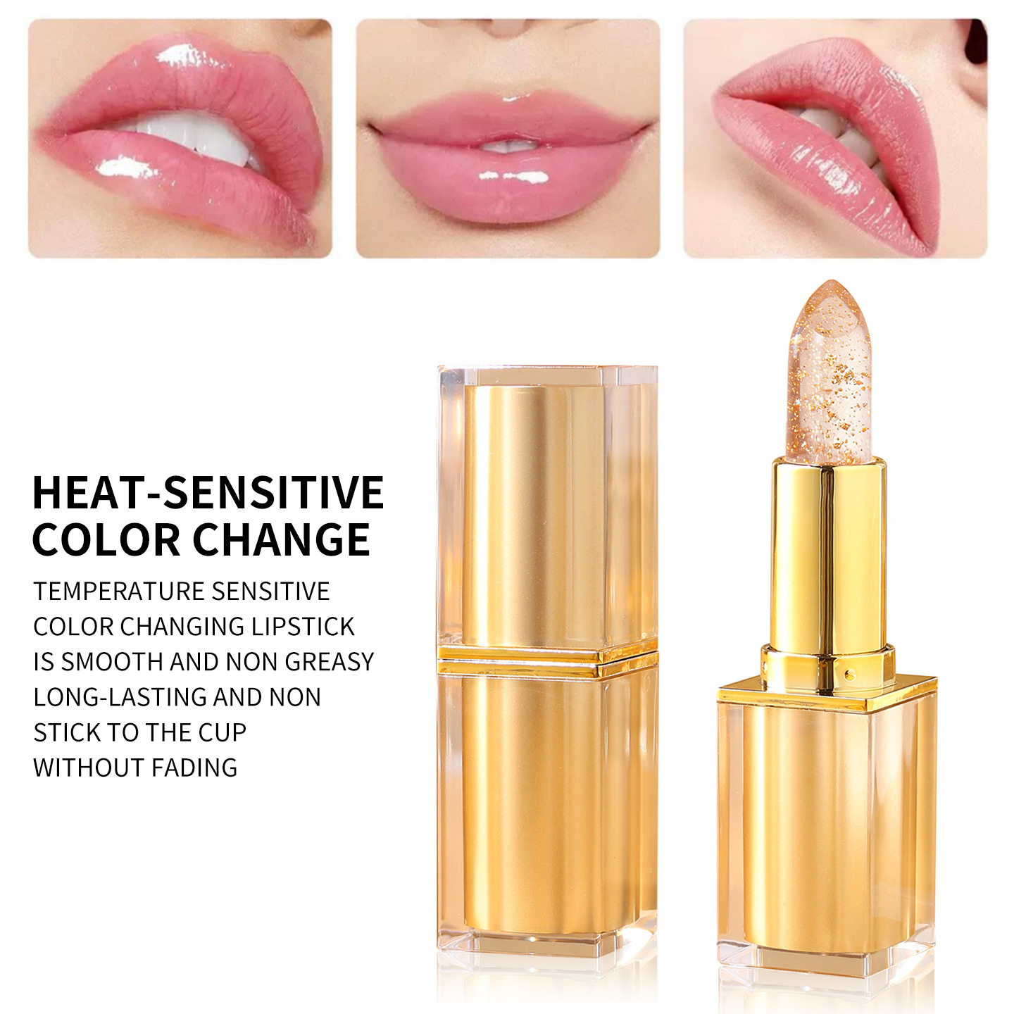 Gold Foil Crystal Temperature Color Changing Lipstick,New Transparent Jelly Moisturizing Lip Balm,Anti-Oxidant Repair Chapped Lips Lighten Lip Lines Brighten Lip Color,Waterproof Glossy Plump Lip Care