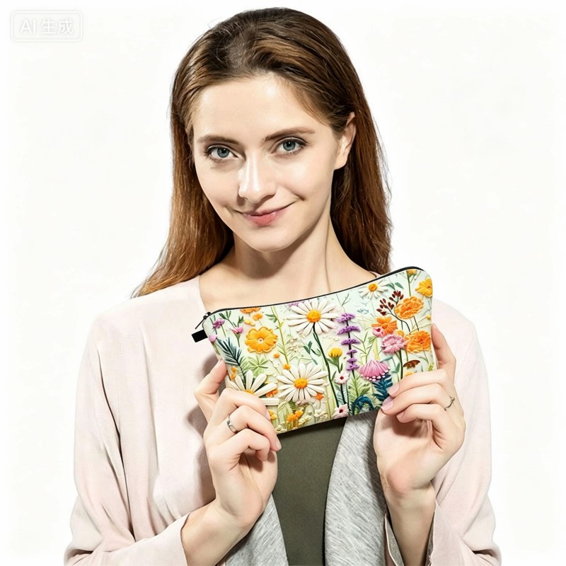 Embossed Floral Cosmetic Bag Waterproof Daisy Flower Makeup Pouch Portable Travel Toiletry Organizer