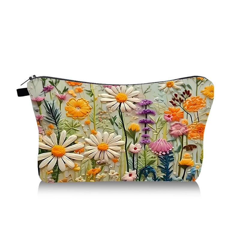 Embossed Floral Cosmetic Bag Waterproof Daisy Flower Makeup Pouch Portable Travel Toiletry Organizer