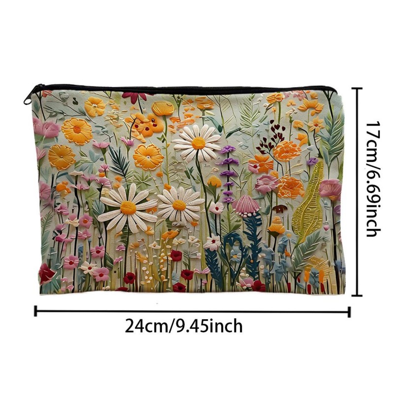 Embossed Floral Cosmetic Bag Waterproof Daisy Flower Makeup Pouch Portable Travel Toiletry Organizer