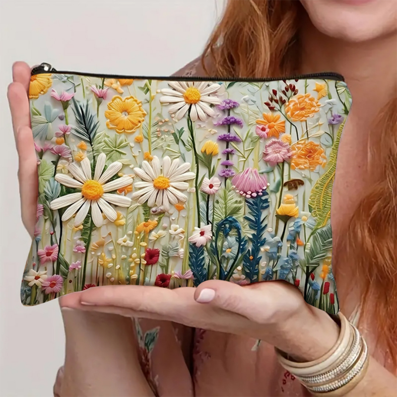 Embossed Floral Cosmetic Bag Waterproof Daisy Flower Makeup Pouch Portable Travel Toiletry Organizer
