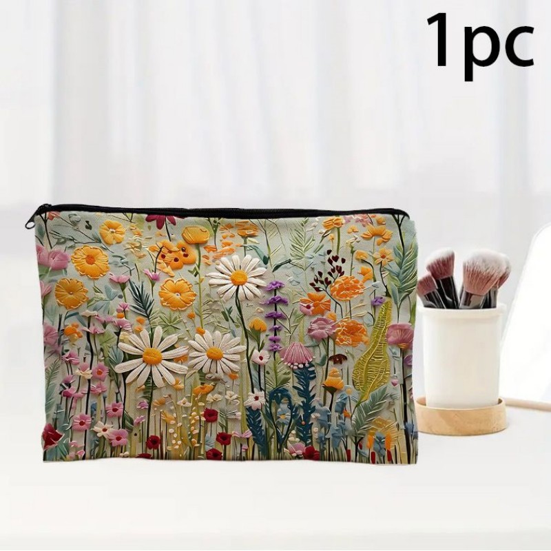 Embossed Floral Cosmetic Bag Waterproof Daisy Flower Makeup Pouch Portable Travel Toiletry Organizer