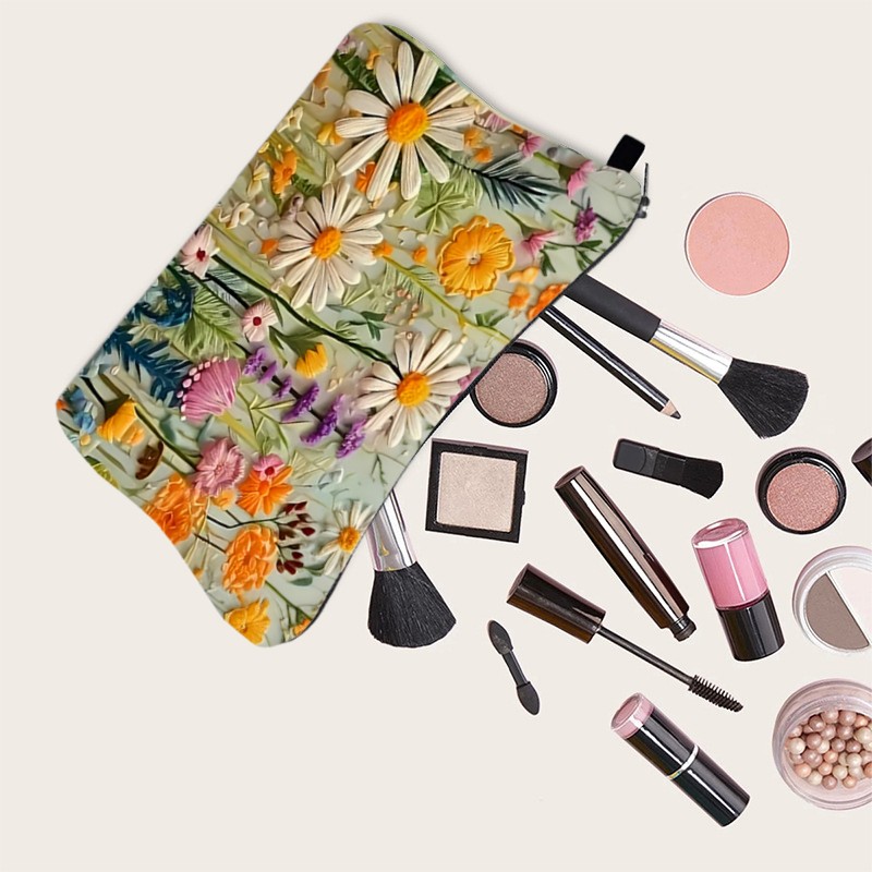 Embossed Floral Cosmetic Bag Waterproof Daisy Flower Makeup Pouch Portable Travel Toiletry Organizer