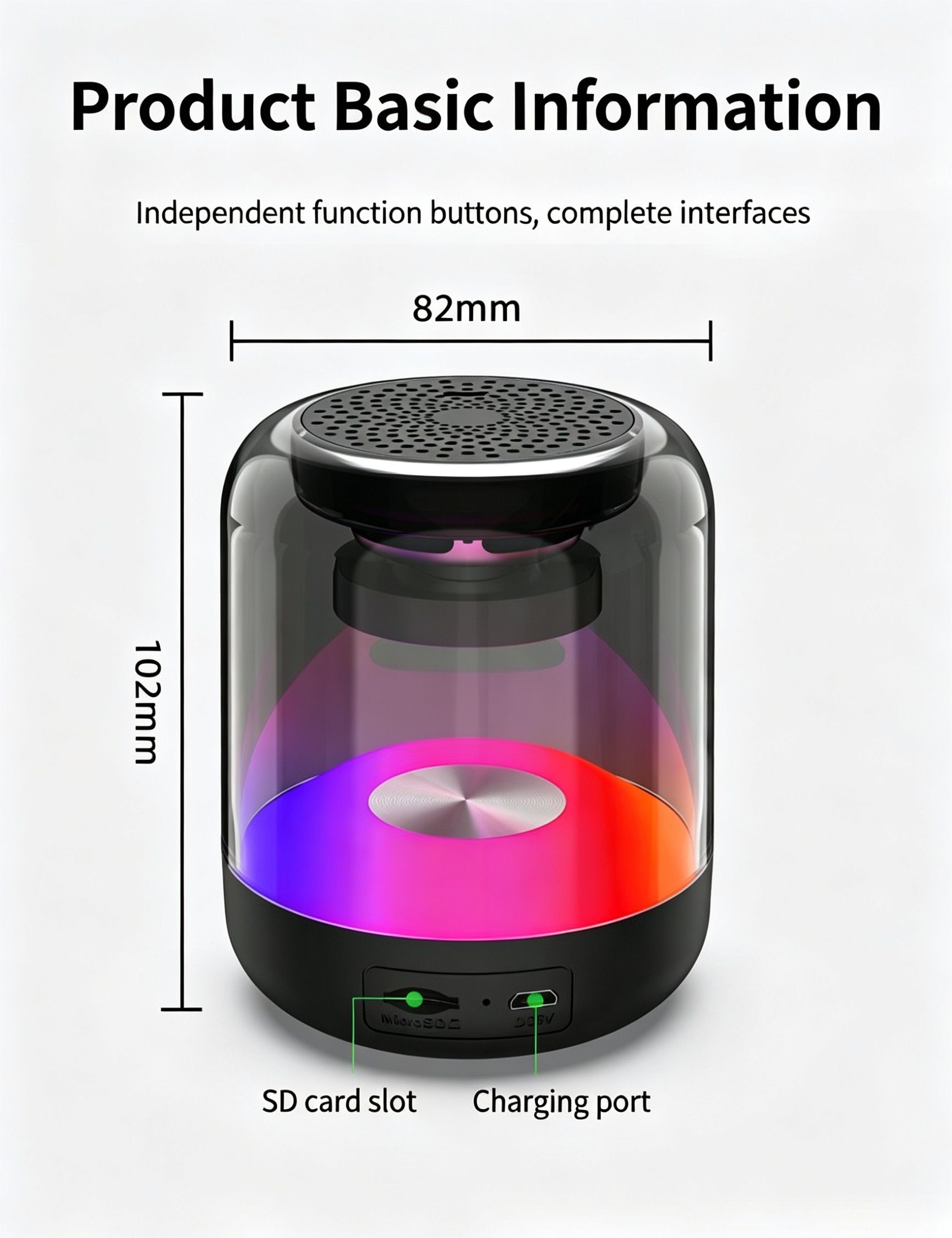 VEDO Portable RGB Bluetooth Speaker, Wireless LED Light Speaker with TF Card Slot, Hands-Free Call & AI Function