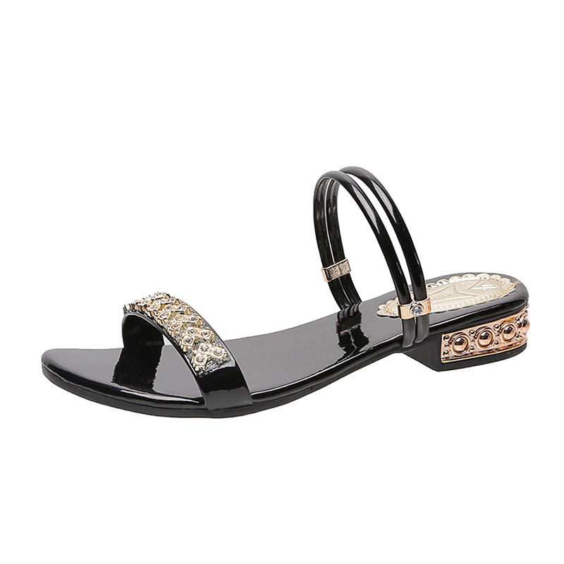 Women's Rhinestone Two Way Wear Block Heel Sandals Open Toe Slip On Mules with Sparkly Crystal Straps Dress Party Wedding Flat Heel Shoes