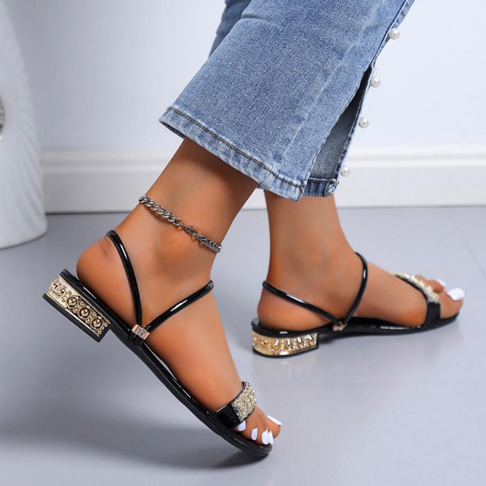 Women's Rhinestone Two Way Wear Block Heel Sandals Open Toe Slip On Mules with Sparkly Crystal Straps Dress Party Wedding Flat Heel Shoes