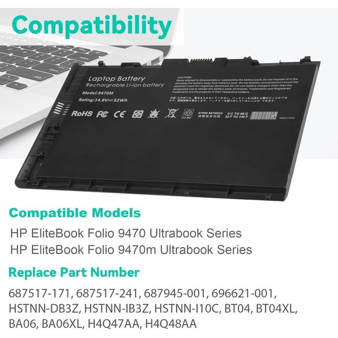 BT04XL Notebook Battery for HP EliteBook Folio 9470 9470M 9480 9480M Series -Laptop fits BA06 BA06XL BLACK