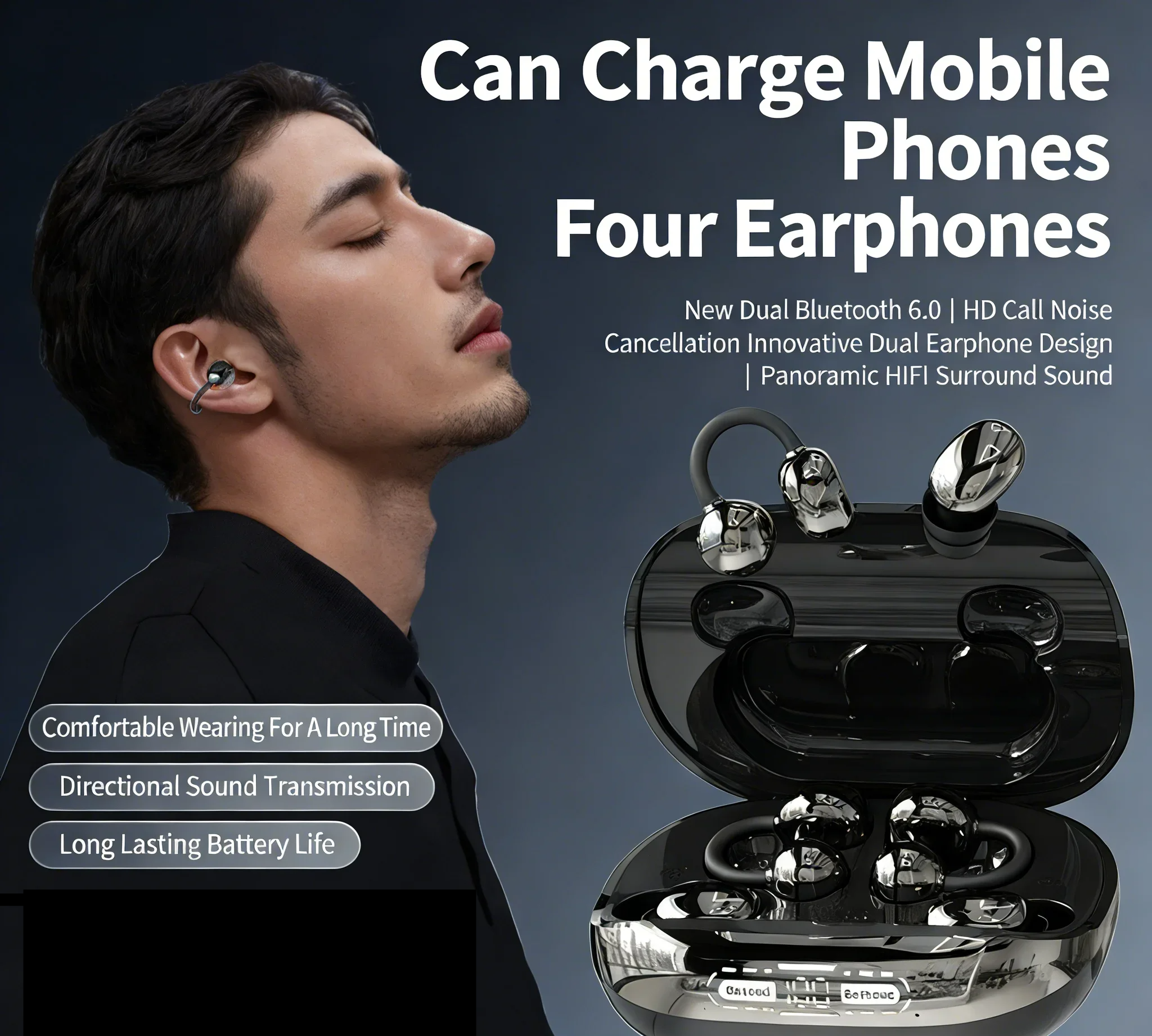 2 in 1 Sharing Wireless Earbuds In-ear & Ear-clip Bluetooth HIFI Stereo For Couple Dual Use