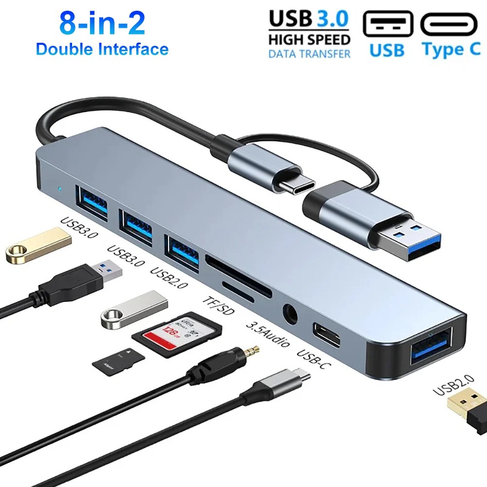 8in2 USB3.0 HUB USB C HUB TYPE-C Docking Station High Speed Transmission SD TF Card Reader Dock For PC Laptop
