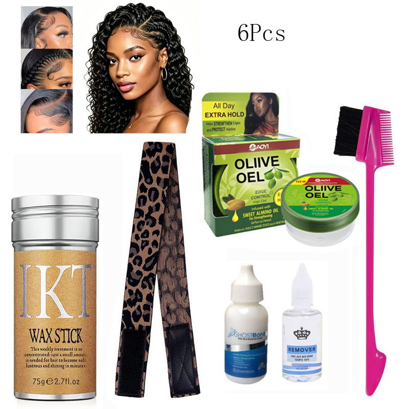 6Pcs Edge Control & Wig Install Kit - Wax Stick, Lace Glue, Remover, Edge Band & Brush,Hair Care Kit Wig Glue Wax Stick Adhesives Remover Lace    Edge Control Wig Installation Set Ultra Hold