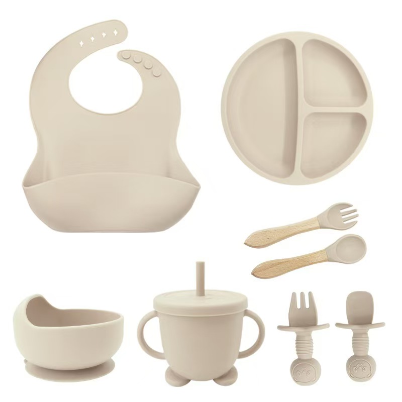 8 pcs Silicone Baby Feeding Set, Baby Led Weaning Supplies with Suction Bowl Divided Plate, Self Feeding Spoons Forks Sippy Cup Adjustable Bib, Eating Utensils for 6+ Months