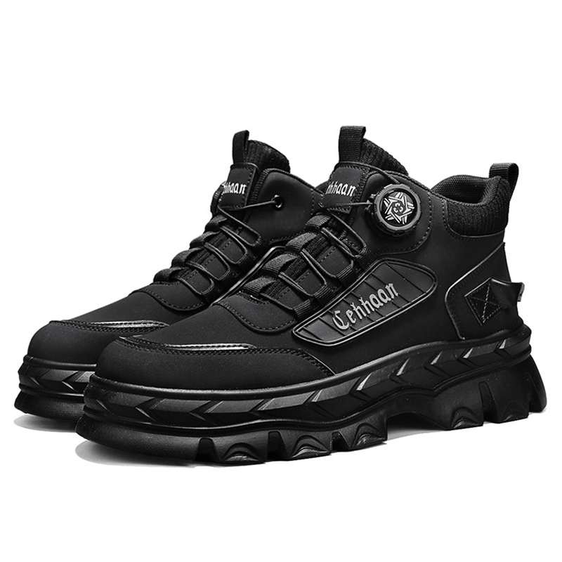 SXCHEN Men's Tactical Martin Boots – With a Lace-Free Rotary Durable & Stylish With PU Upper Durable Stitching, Non-Slip Traction Sole, Ideal For Construction, Hiking & All-Day Comfort Buckle Black