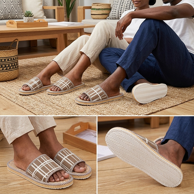 SXCHEN Unisex Slide Sandal Shoes – Brown & Beige Woven Fabric, Geometric Pattern Detail, Non-Slip Sole, Perfect For Indoor Home Use & Casual Outdoor Wear, All Sizes Available