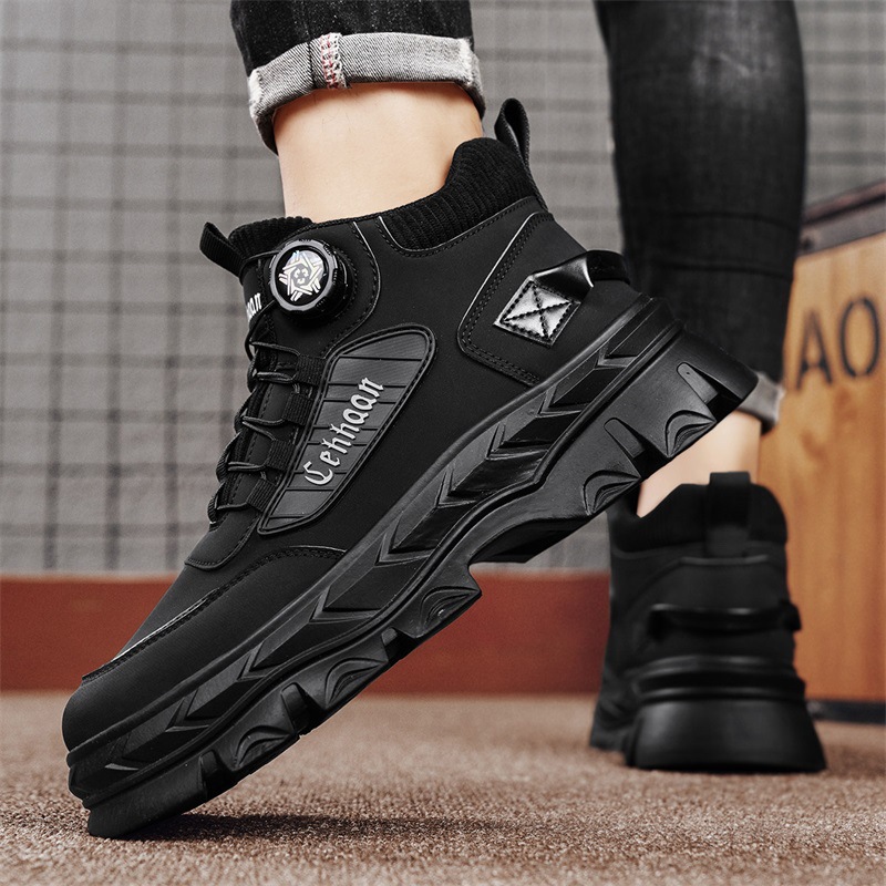 SXCHEN Men's Tactical Martin Boots – With a Lace-Free Rotary Durable & Stylish With PU Upper Durable Stitching, Non-Slip Traction Sole, Ideal For Construction, Hiking & All-Day Comfort Buckle Black