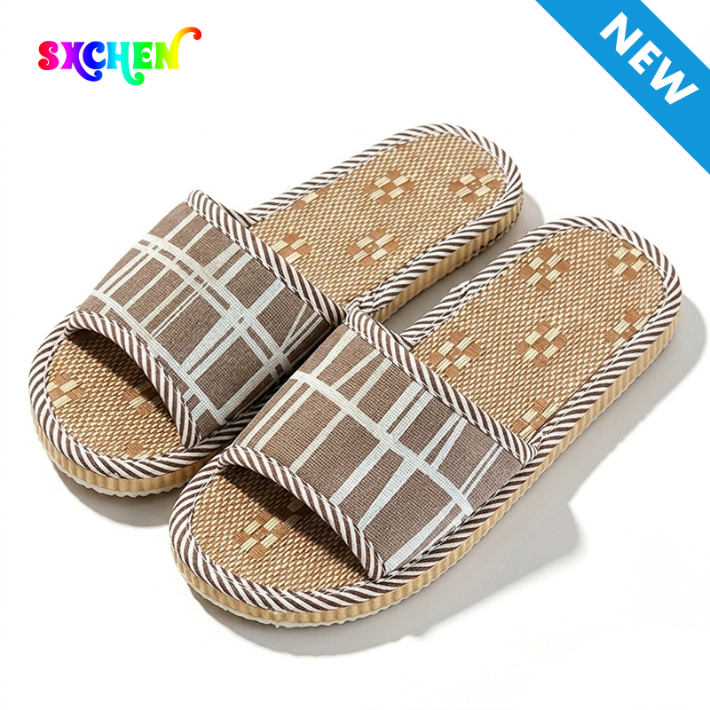 SXCHEN Unisex Slide Sandal Shoes – Brown & Beige Woven Fabric, Geometric Pattern Detail, Non-Slip Sole, Perfect For Indoor Home Use & Casual Outdoor Wear, All Sizes Available