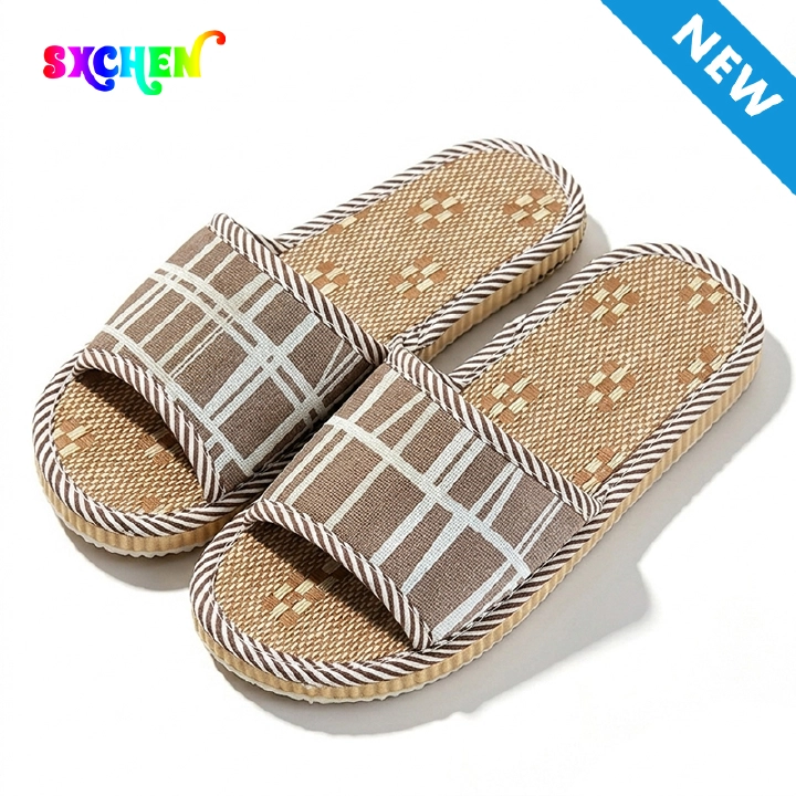 SXCHEN Unisex Slide Sandal Shoes – Brown & Beige Woven Fabric, Geometric Pattern Detail, Non-Slip Sole, Perfect For Indoor Home Use & Casual Outdoor Wear, All Sizes Available