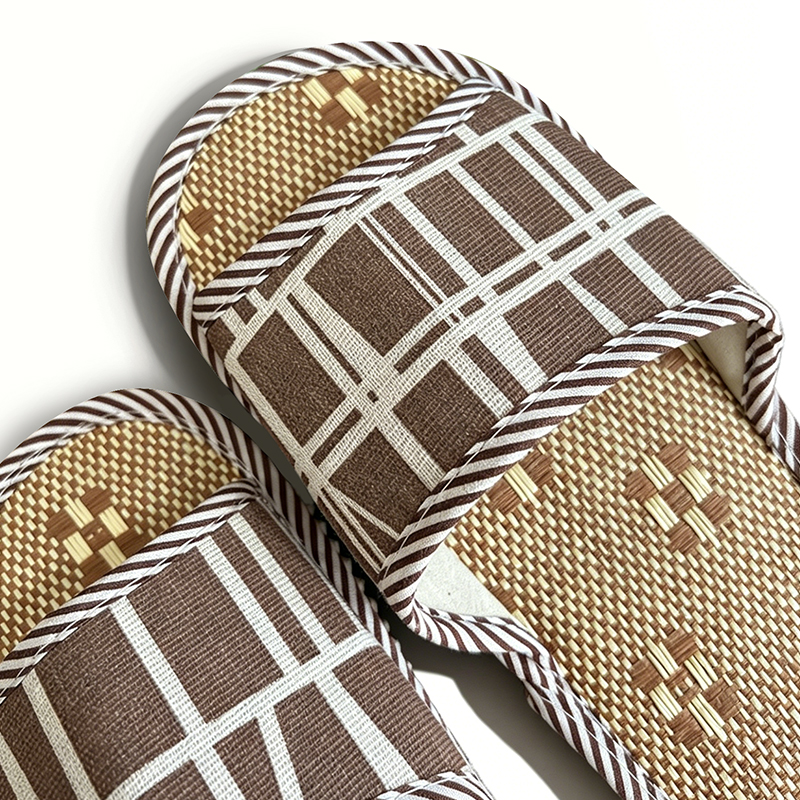 SXCHEN Unisex Slide Sandal Shoes – Brown & Beige Woven Fabric, Geometric Pattern Detail, Non-Slip Sole, Perfect For Indoor Home Use & Casual Outdoor Wear, All Sizes Available
