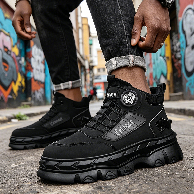 SXCHEN Men's Tactical Martin Boots – With a Lace-Free Rotary Durable & Stylish With PU Upper Durable Stitching, Non-Slip Traction Sole, Ideal For Construction, Hiking & All-Day Comfort Buckle Black