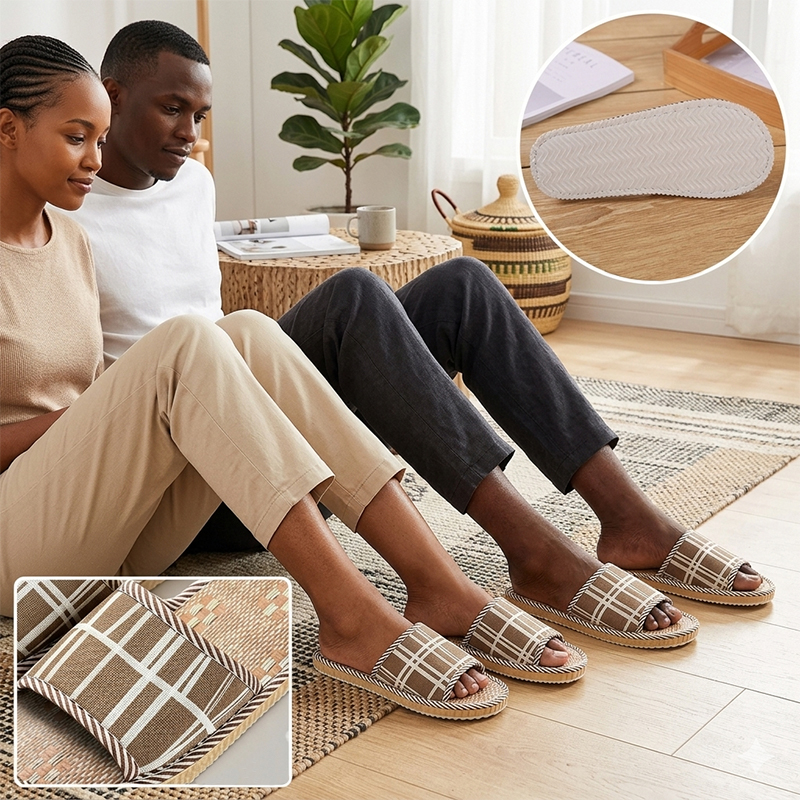 SXCHEN Unisex Slide Sandal Shoes – Brown & Beige Woven Fabric, Geometric Pattern Detail, Non-Slip Sole, Perfect For Indoor Home Use & Casual Outdoor Wear, All Sizes Available