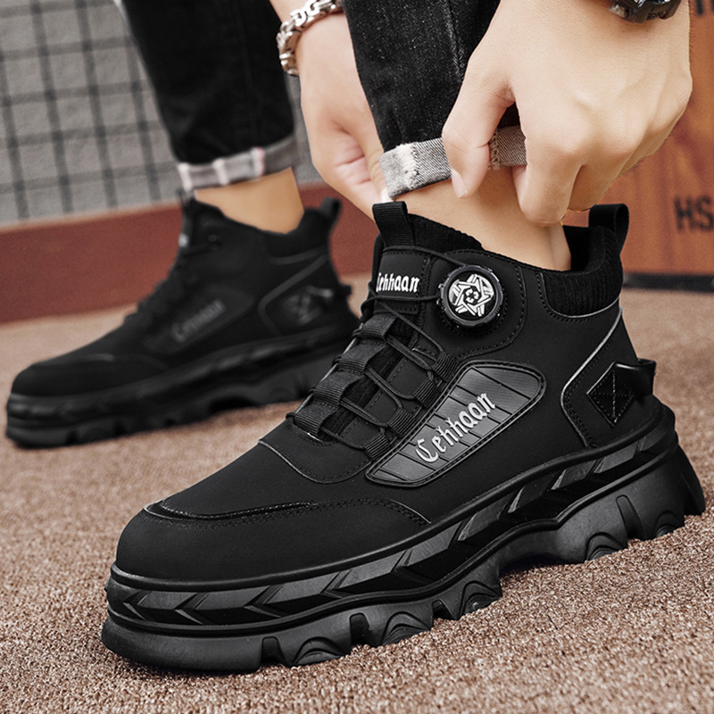 SXCHEN Men's Tactical Martin Boots – With a Lace-Free Rotary Durable & Stylish With PU Upper Durable Stitching, Non-Slip Traction Sole, Ideal For Construction, Hiking & All-Day Comfort Buckle Black