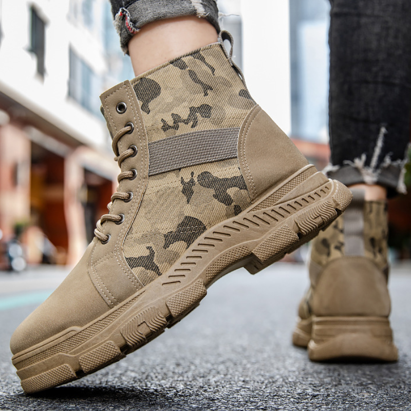 SXCHEN Men's Tactical Work Shoes, Khaki Camouflage Mid-Calf Boots For Trekking & Daily Wear, Sturdy Faux Suede & Canvas, Shock-Absorbing Platform Sole, Secure Lace-Up, Breathable Lining, All Sizes