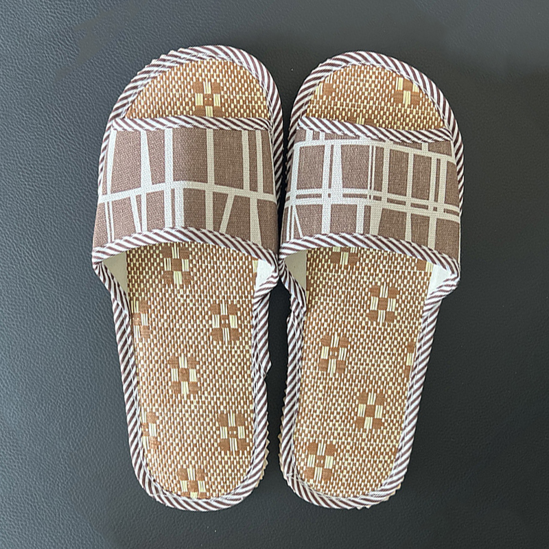 SXCHEN Unisex Slide Sandal Shoes – Brown & Beige Woven Fabric, Geometric Pattern Detail, Non-Slip Sole, Perfect For Indoor Home Use & Casual Outdoor Wear, All Sizes Available