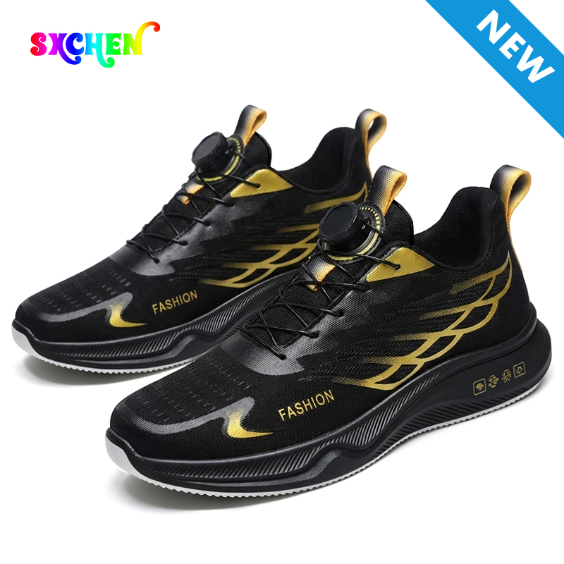 SXCHEN  Men's New Fashion Athletic Shoes, With a Lace-Free Rotary Buckle Design Soft Sole Lightweight Casual Sneakers - Slip-On Low-Top Training Fabric Lining, Round Toe, PU And Fabric Upper