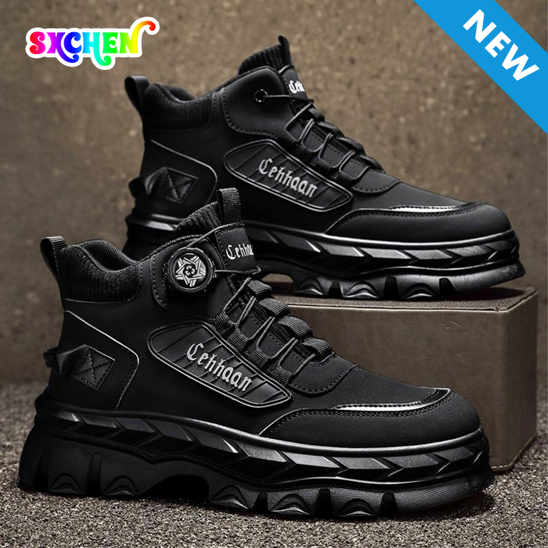 SXCHEN Men's Tactical Martin Boots – With a Lace-Free Rotary Durable & Stylish With PU Upper Durable Stitching, Non-Slip Traction Sole, Ideal For Construction, Hiking & All-Day Comfort Buckle Black