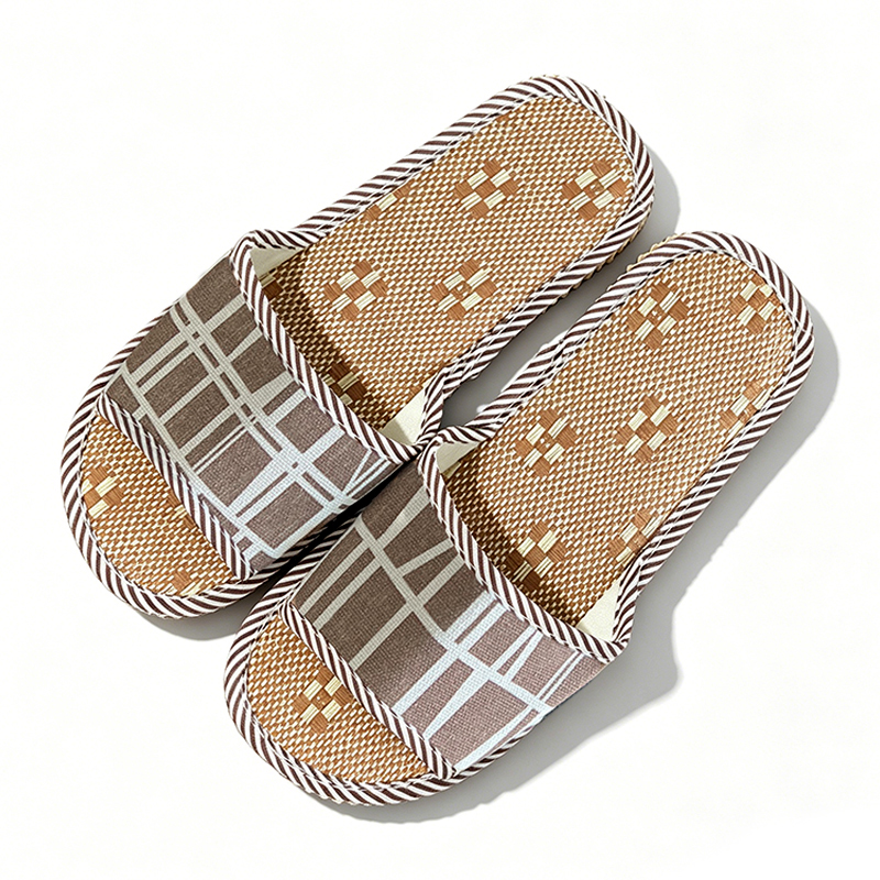 SXCHEN Unisex Slide Sandal Shoes – Brown & Beige Woven Fabric, Geometric Pattern Detail, Non-Slip Sole, Perfect For Indoor Home Use & Casual Outdoor Wear, All Sizes Available
