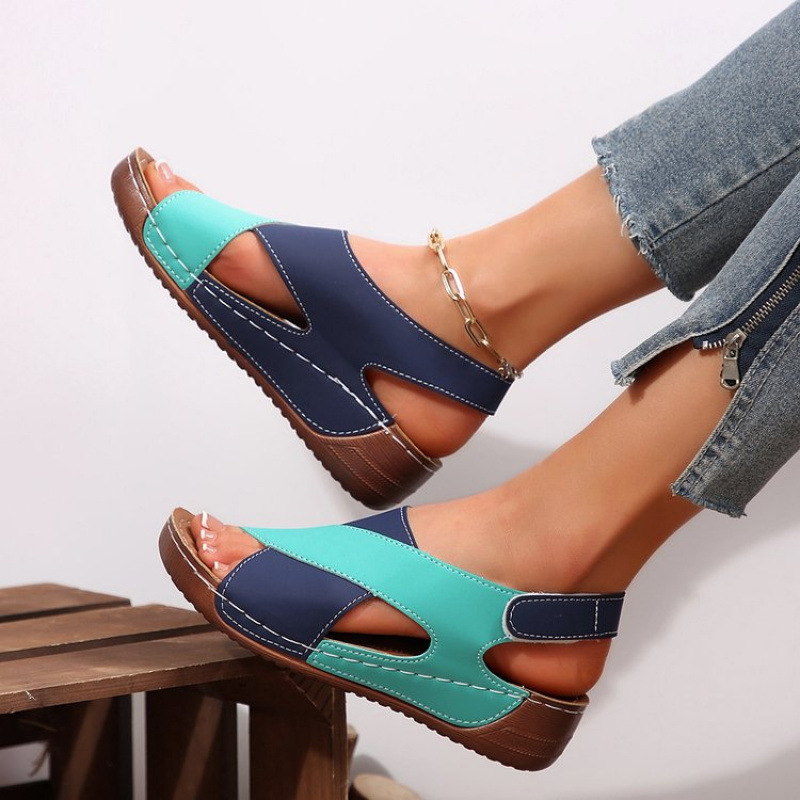 SXCHEN Women's Comfort Wedge Shoes –Green & Blue Color-Block Design, Padded Insole, Shock-Absorbing Wedge Midsole, Open-Toe Design,  Ideal For Casual Dresses & Everyday Outfits