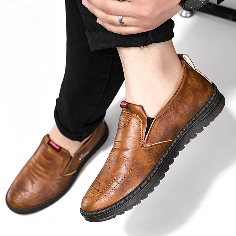 SXCHEN Men's Comfort Slip-On Shoes, Brown Faux Leather Loafers for Daily Wear & Driving, Breathable Lining, Anti-Slip Tread Sole, Easy Slip-On Entry, Padded Insole, Wear-Resistant Outsole,